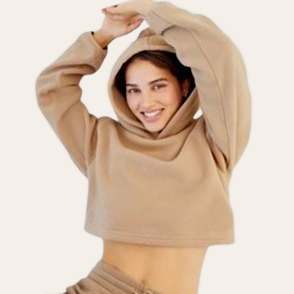 Aritzia TNA Airy Fleece Oversized Boyfriend Crop Hoodie Women's Sz‎ M Tan